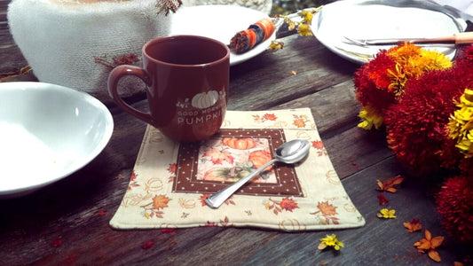 Autumnal Pumpkin Patch Quilted Mug Rug Snack Mat Rustic Country Farmhouse Cottagecore decor