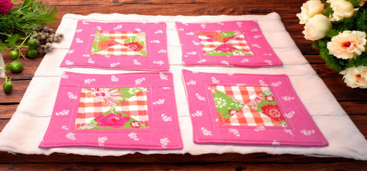 Bright Pink Floral Quilted Mug Rug Coasters - Farmhouse, Country, Cottagecore, Grannycore Gift Idea