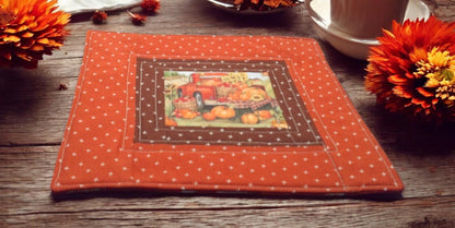 Vintage Autumn Farm Scene Quilted Mug Rugs/Snack Mats-- Farmhouse Vibes Cozy Cottage, Coffee Lover Tea Lover Gift Idea