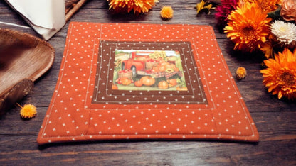 Vintage Autumn Farm Scene Quilted Mug Rugs/Snack Mats-- Farmhouse Vibes Cozy Cottage, Coffee Lover Tea Lover Gift Idea