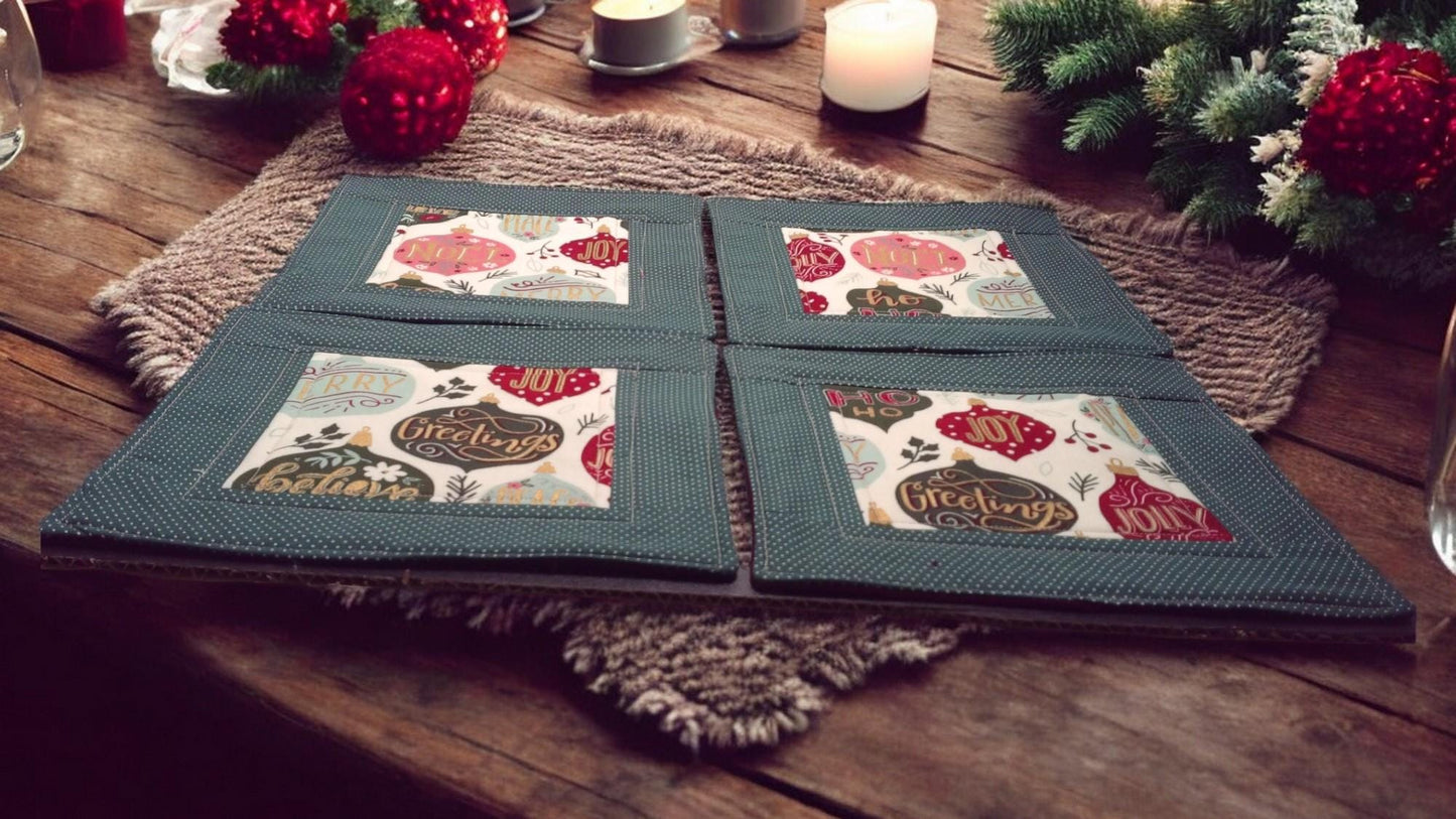 Set of 4 Christmas Mug Rugs - Large Handmade Quilted Coaster Mat - Festive Farmhouse Holiday Decor