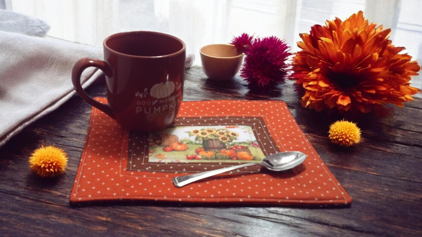 Vintage Autumn Farm Scene Quilted Mug Rugs/Snack Mats-- Farmhouse Vibes Cozy Cottage, Coffee Lover Tea Lover Gift Idea