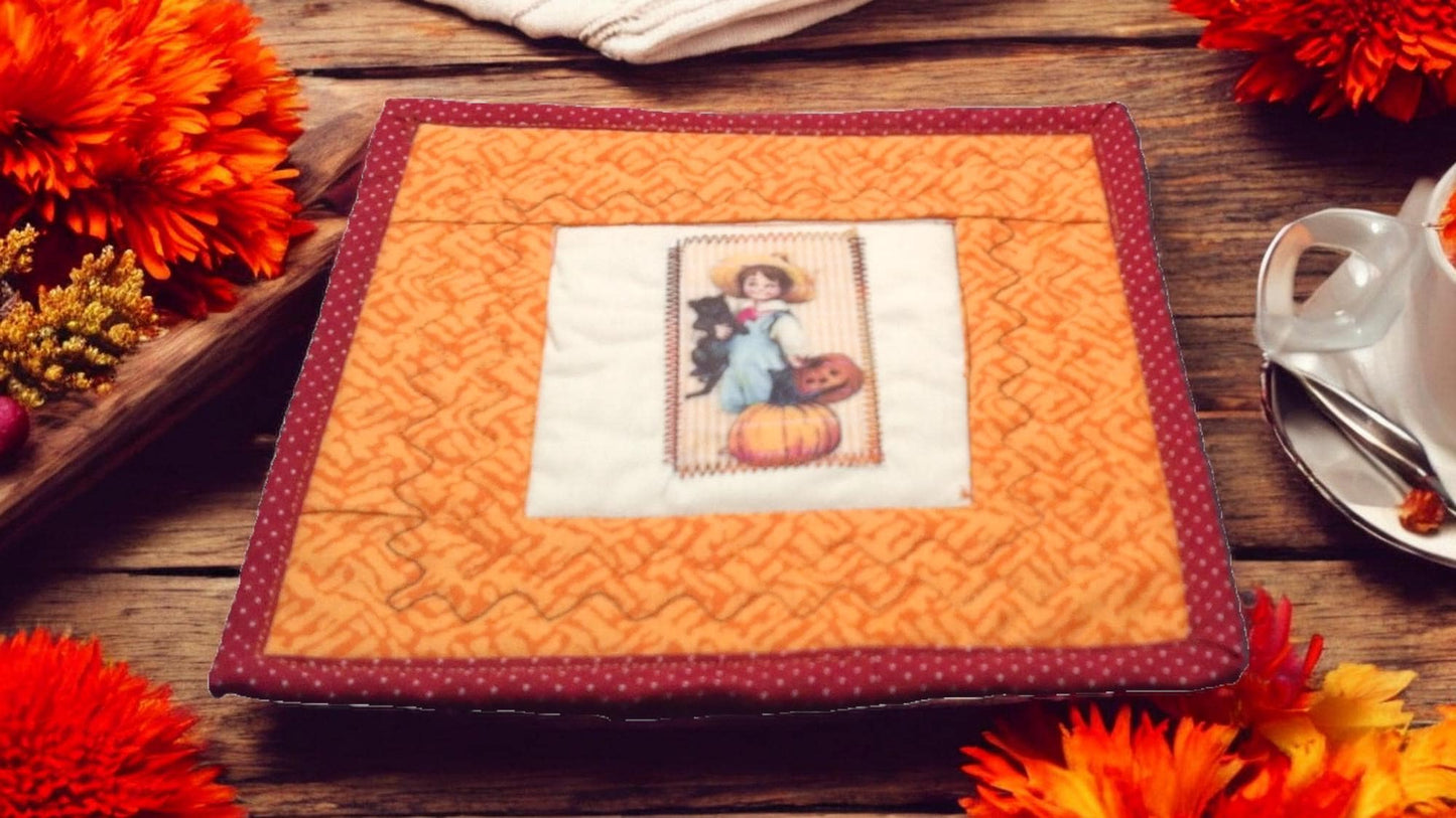 Victorian Autumn Mug Rug Coaster Set – Quilted, Large, with Pumpkins and Fall Theme