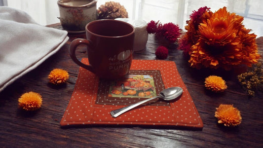 Vintage Autumn Farm Scene Quilted Mug Rugs/Snack Mats-- Farmhouse Vibes Cozy Cottage, Coffee Lover Tea Lover Gift Idea