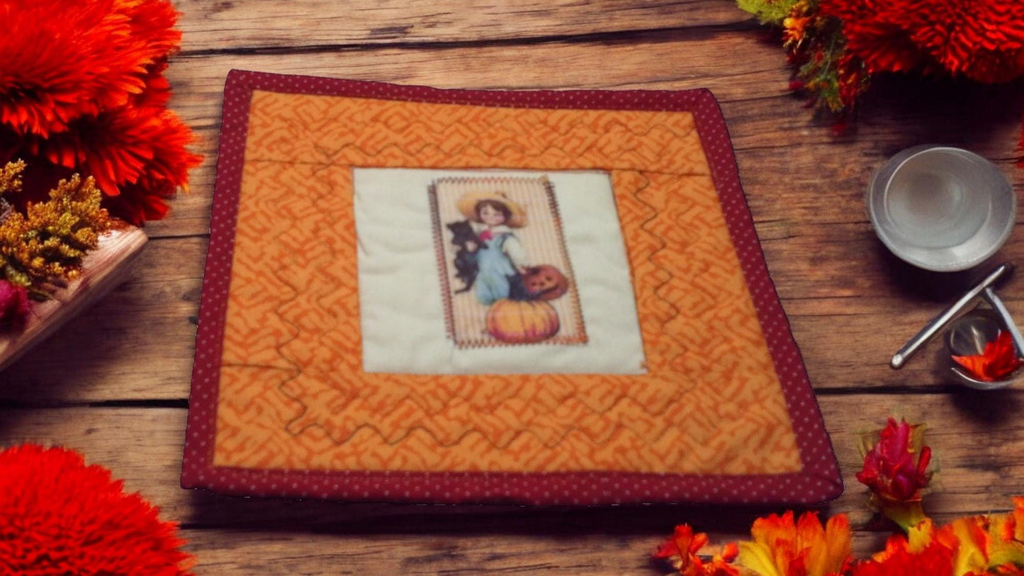 Victorian Autumn Mug Rug Coaster Set – Quilted, Large, with Pumpkins and Fall Theme