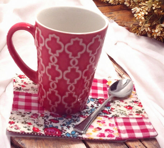 Quilted Red & White Gingham Floral Patchwork  Mug Rug Coasters - Rustic Country, Farmhouse, Cottagecore, Grannycore Decor