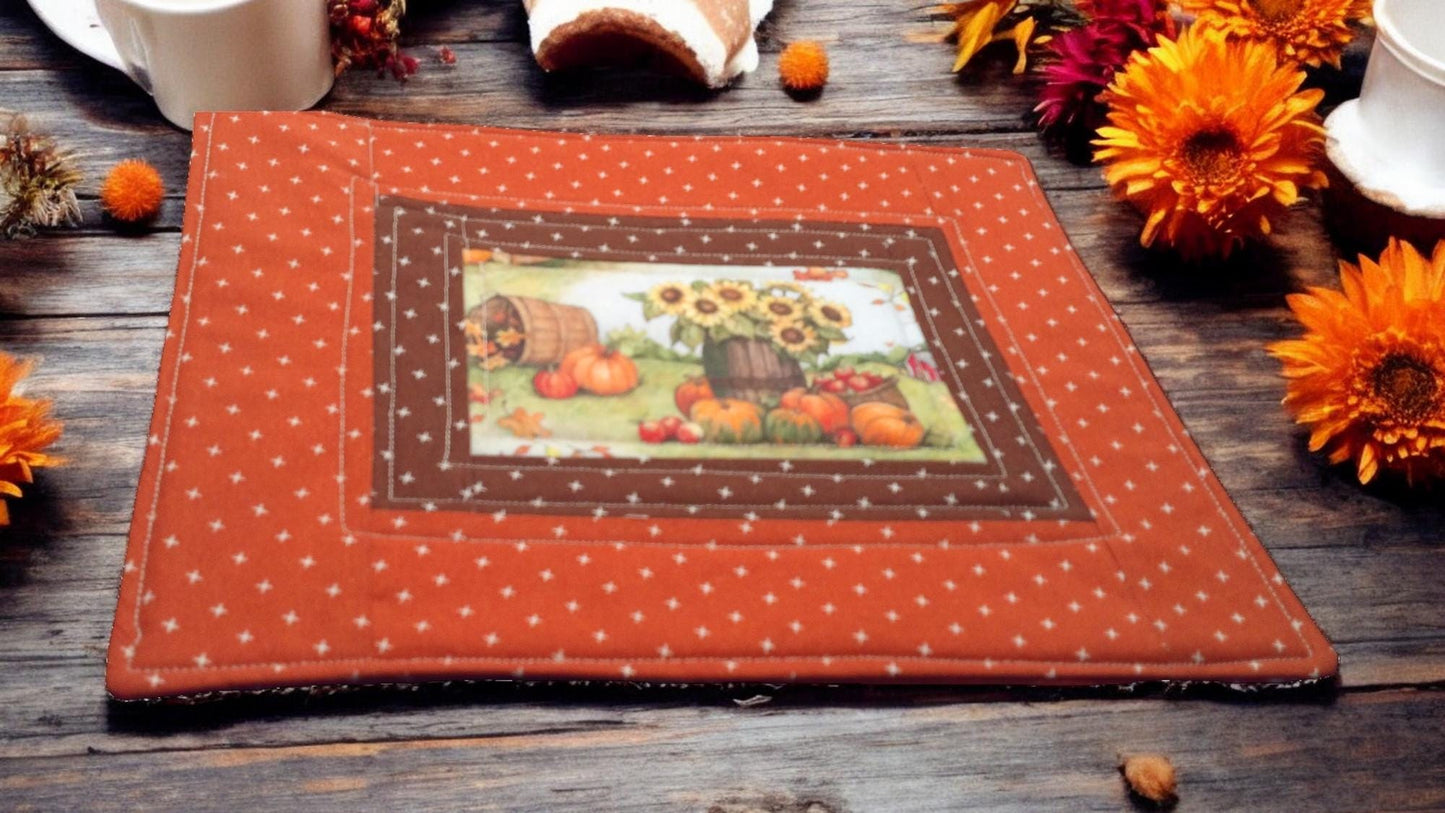 Vintage Autumn Farm Scene Quilted Mug Rugs/Snack Mats-- Farmhouse Vibes Cozy Cottage, Coffee Lover Tea Lover Gift Idea