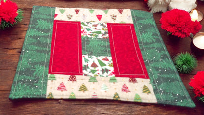 Set of 4 Large Quilted Christmas Mug Rugs – Courthouse Steps Pattern with Festive Tree Motif – Holiday Snack Mats