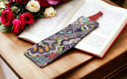 Set of 2 Teal Blue Gray Orange Floral Quilted Bookmarks - Handmade Scrappy String Design