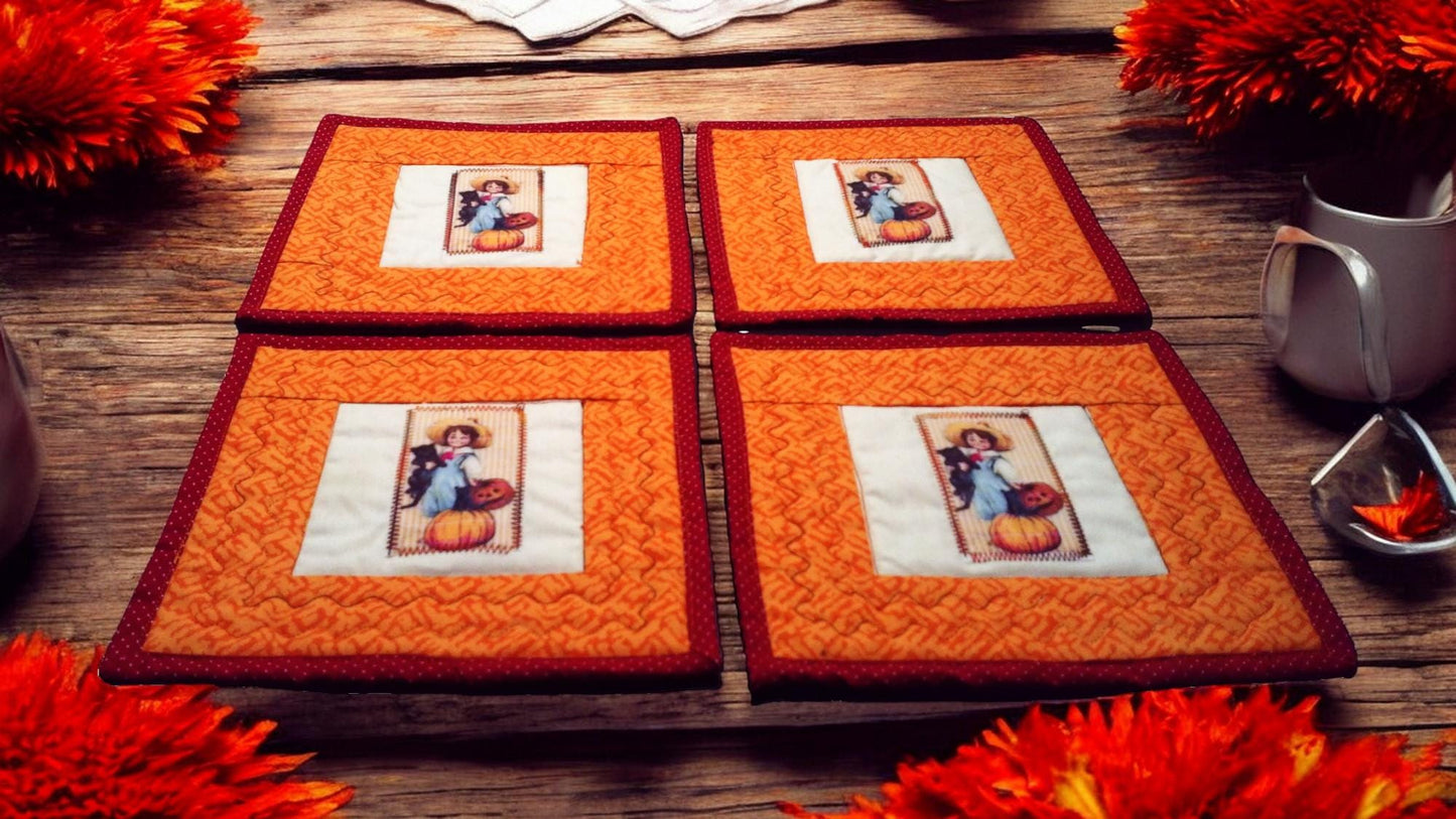 Victorian Autumn Mug Rug Coaster Set – Quilted, Large, with Pumpkins and Fall Theme