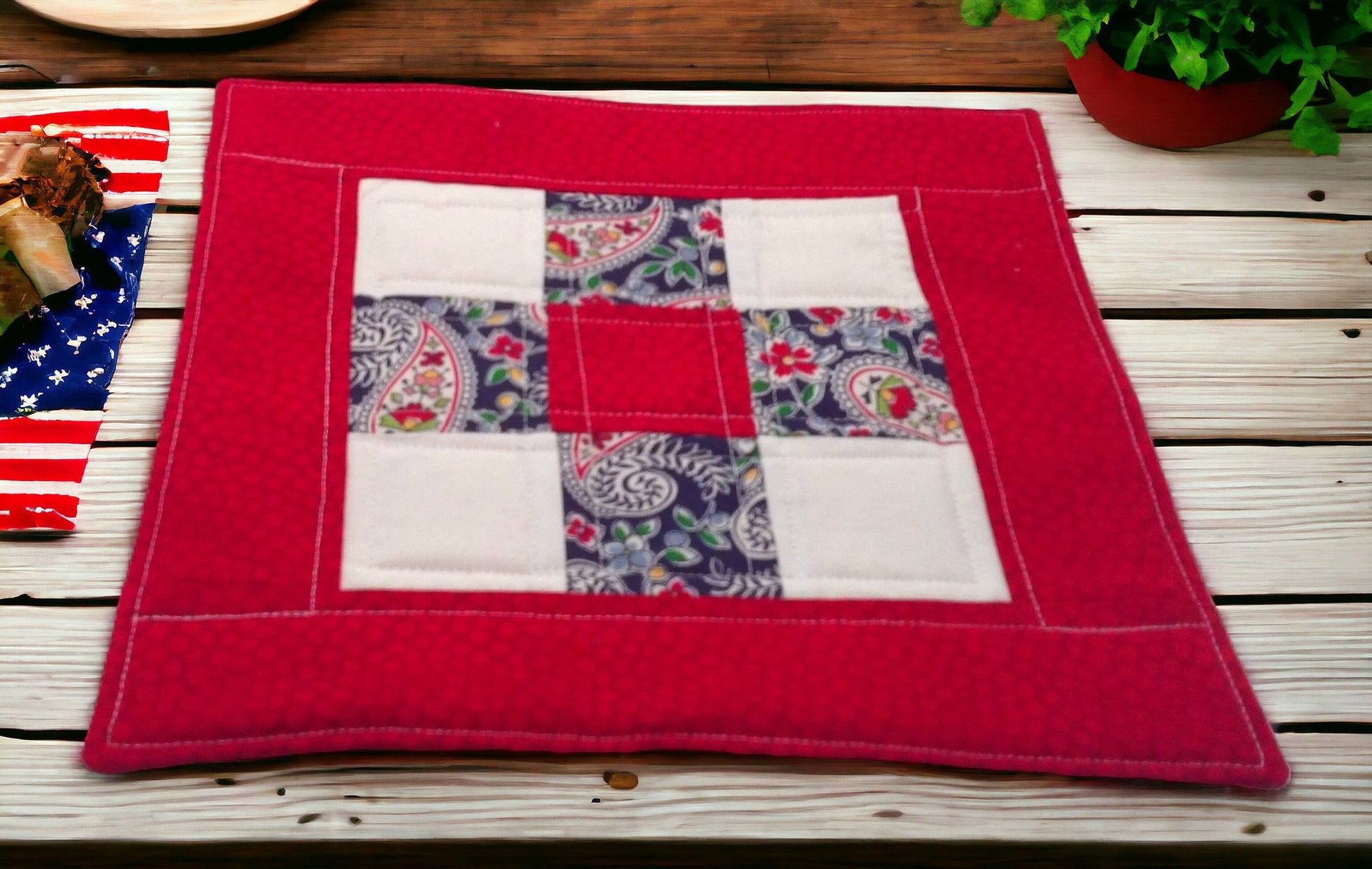 Colonial Patriot Large Quilted Mug Rug Small Placemat, Candle Mat Cottagecore, Farmhouse, Granny core Gift Idea