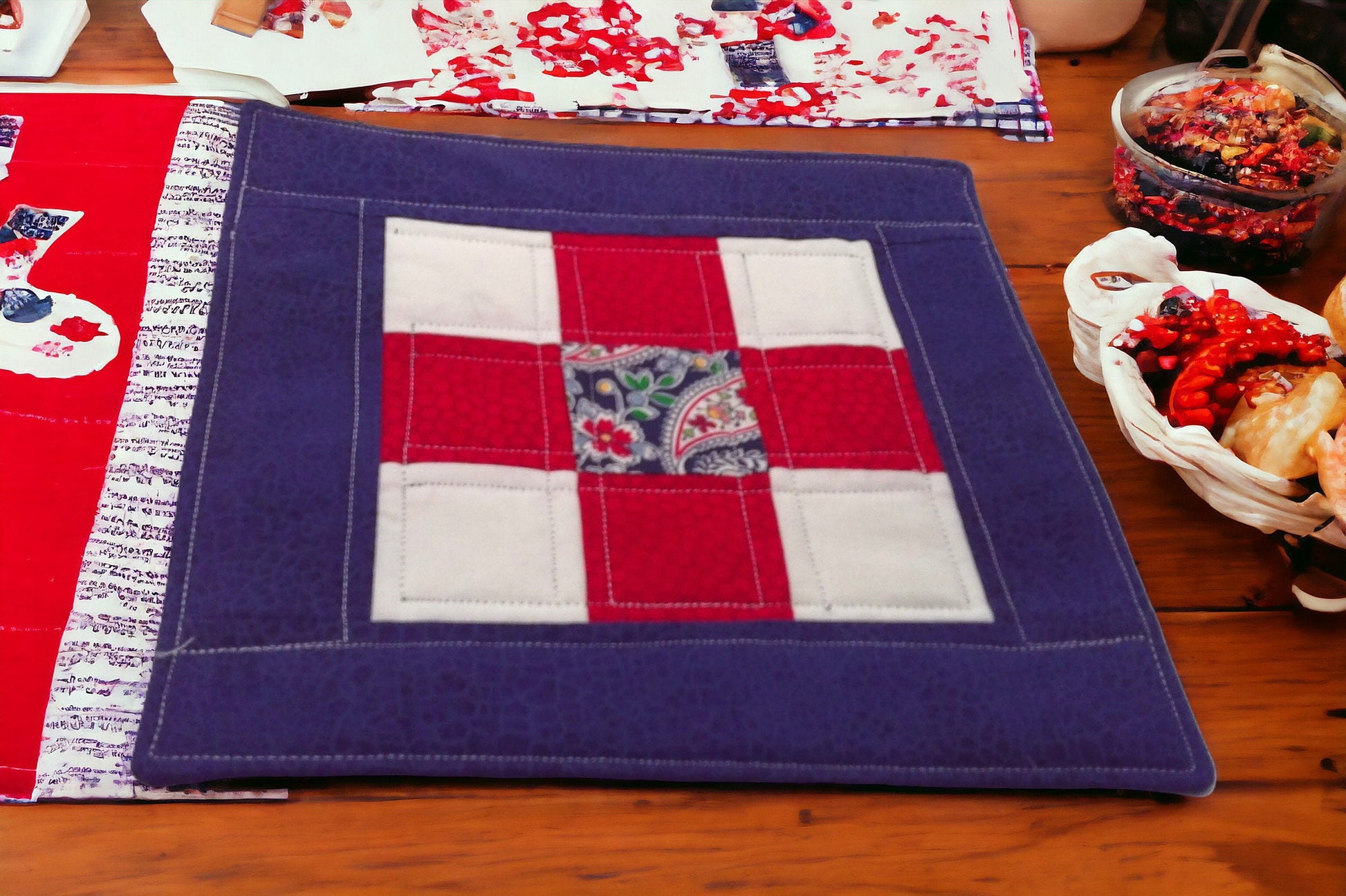 Colonial Patriot Large Quilted Mug Rug Small Placemat, Candle Mat Cottagecore, Farmhouse, Granny core Gift Idea