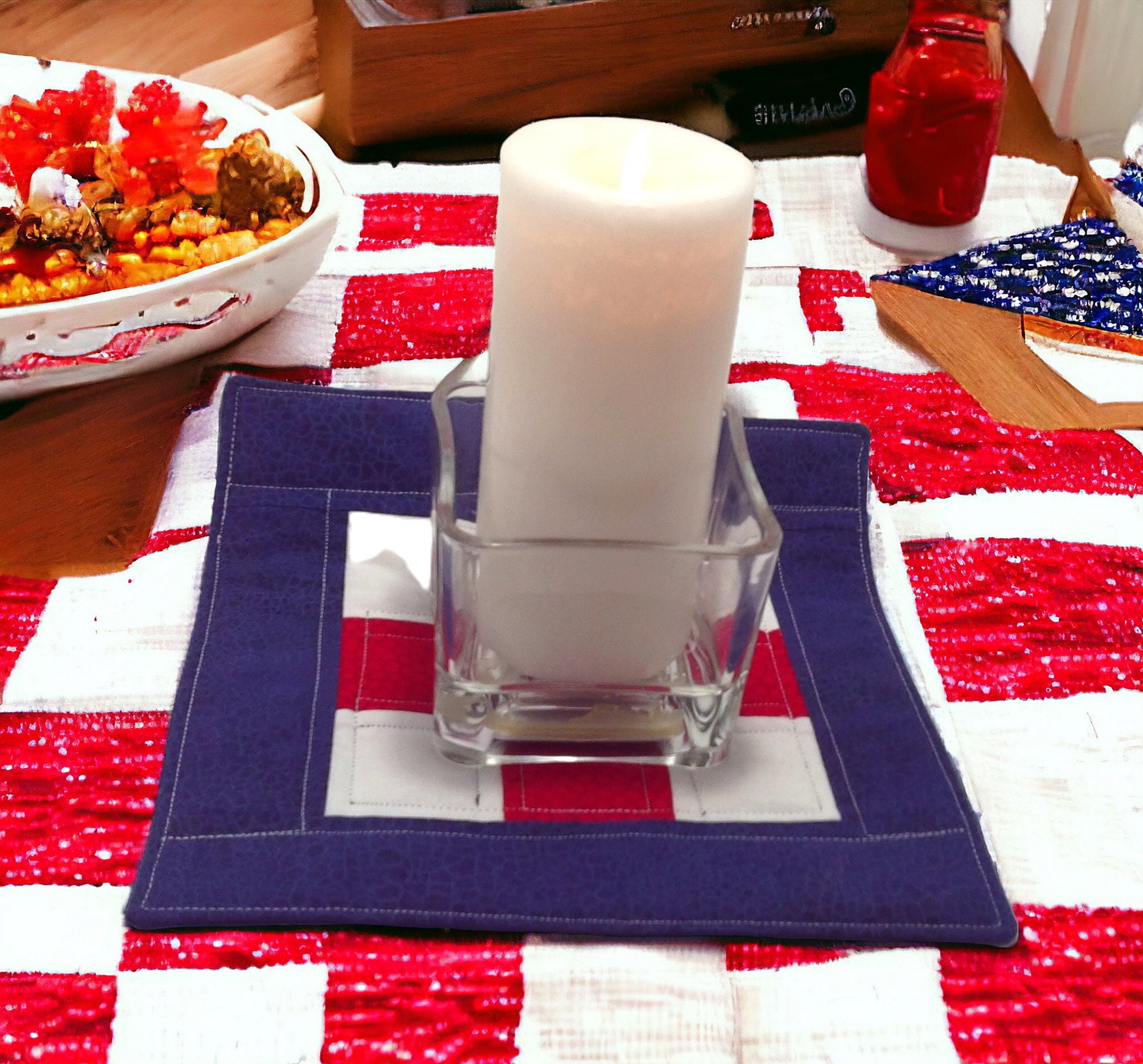 Colonial Patriot Large Quilted Mug Rug Small Placemat, Candle Mat Cottagecore, Farmhouse, Granny core Gift Idea