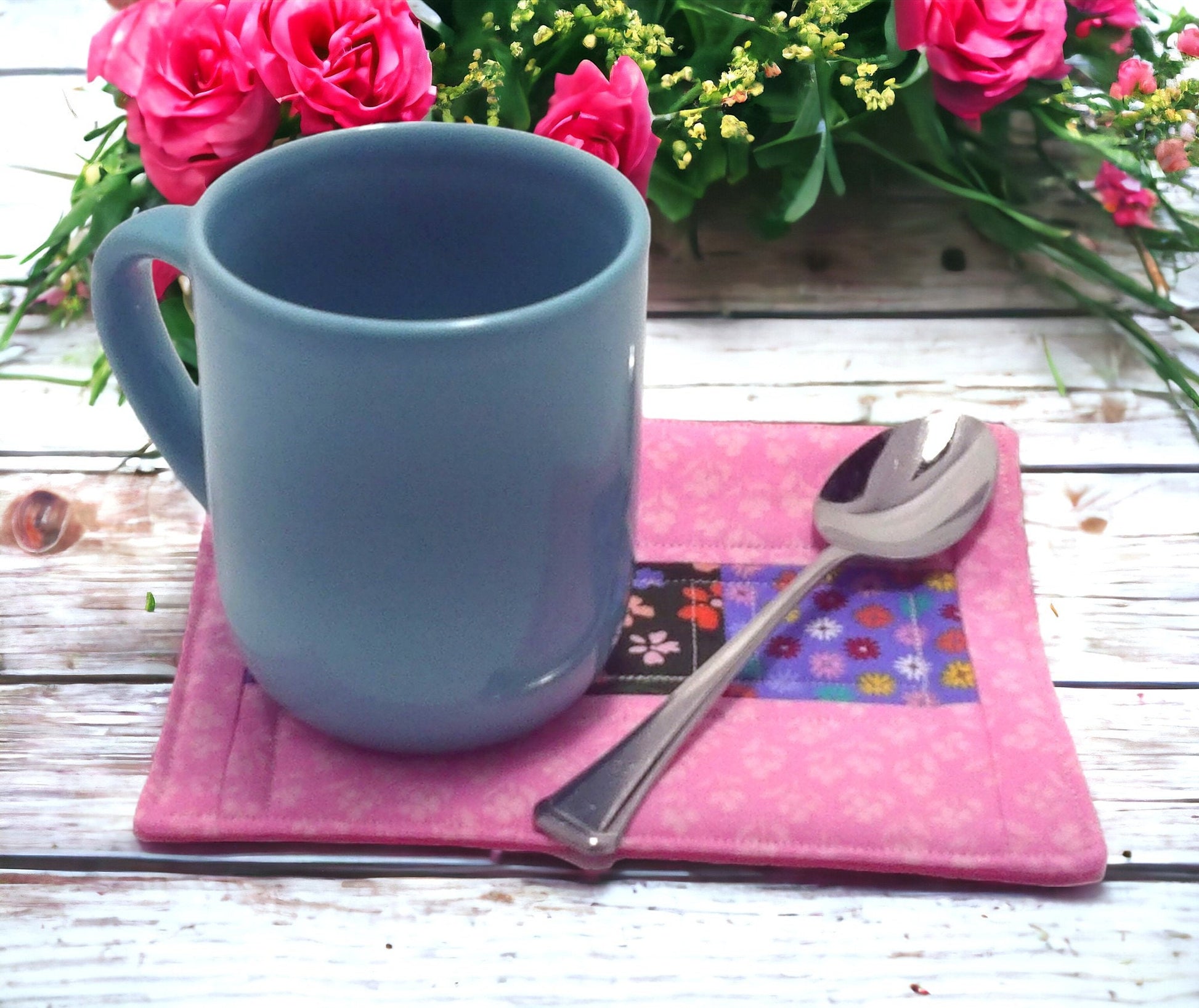 Quilted Passion Pink Floral Small Mug Rug Large Coaster Handmade Quilted Candle Mat Snack Mat Desktop Coaster Mug Rug Gift Idea Cottage Core