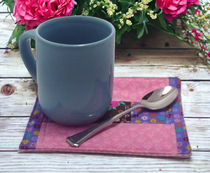 Quilted Passion Pink Floral Small Mug Rug Large Coaster Handmade Quilted Candle Mat Snack Mat Desktop Coaster Mug Rug Gift Idea Cottage Core