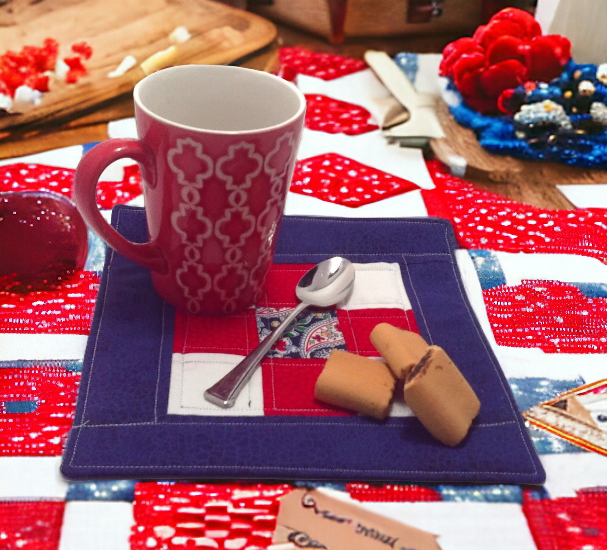 Colonial Patriot Large Quilted Mug Rug Small Placemat, Candle Mat Cottagecore, Farmhouse, Granny core Gift Idea