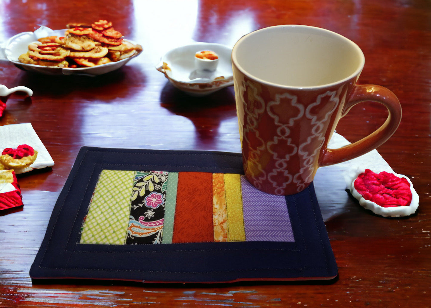 Handcrafted Scrappy Mug Rug Coasters Multi-Colored String Design Farmhouse Cottage Core Granny Core Coffee Lover Tea Mat Gift Idea