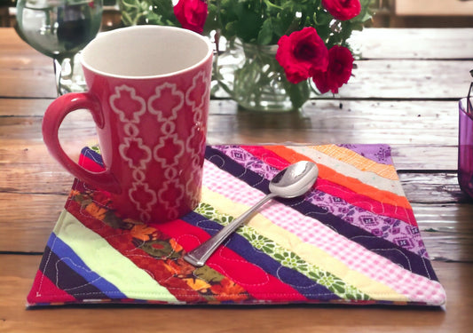 Handmade Quilted Large Mug Rug - Multi-Colored String Block Design Farmhouse, Cottage core, Granny core, Rustic Country Gift idea