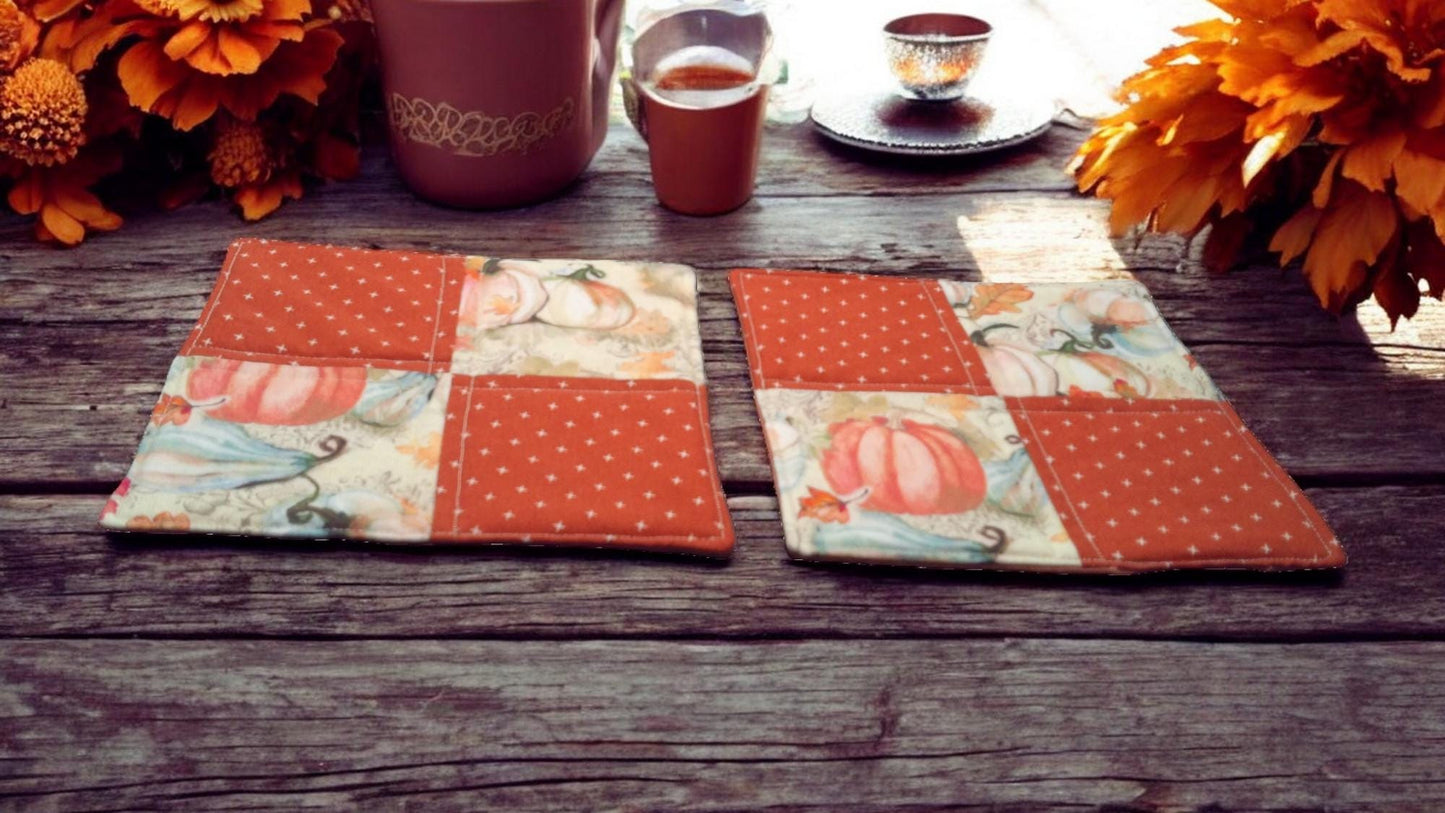 Set of 2 Autumn Pumpkin Coasters – Quilted 4-Patch Design – Cozy Flannel Backing