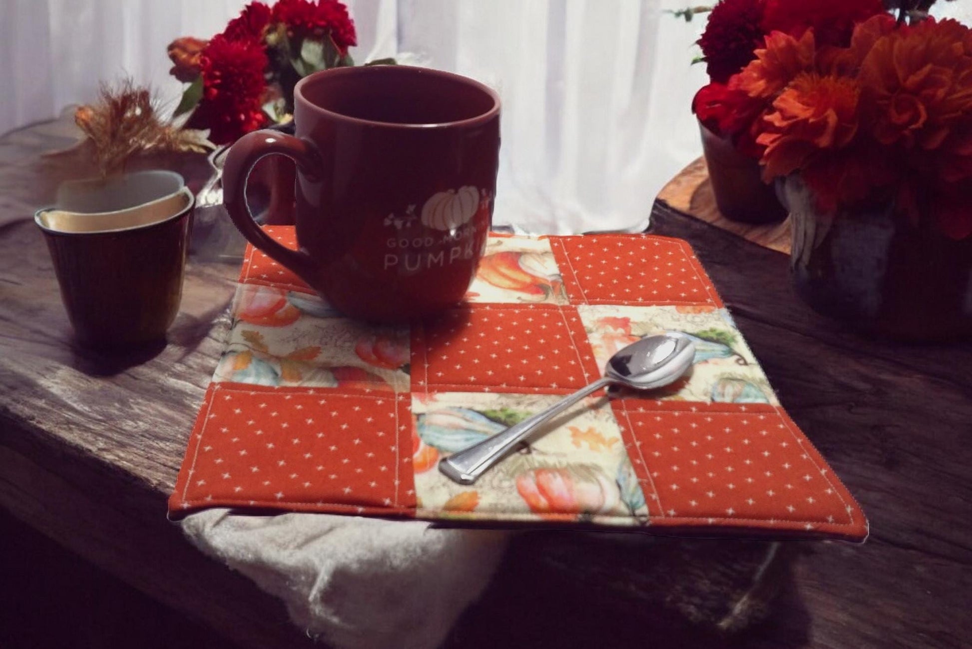 Handmade Quilted Pumpkin Mug Rug Fall Mini Placemat 9-Patch Cotton Coaster Farmhouse Autumn Decor | Two Design Variants Available