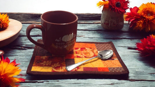 Autumn Patchwork Mug Rug – Cozy Fall Quilt – Seasonal Table Decor