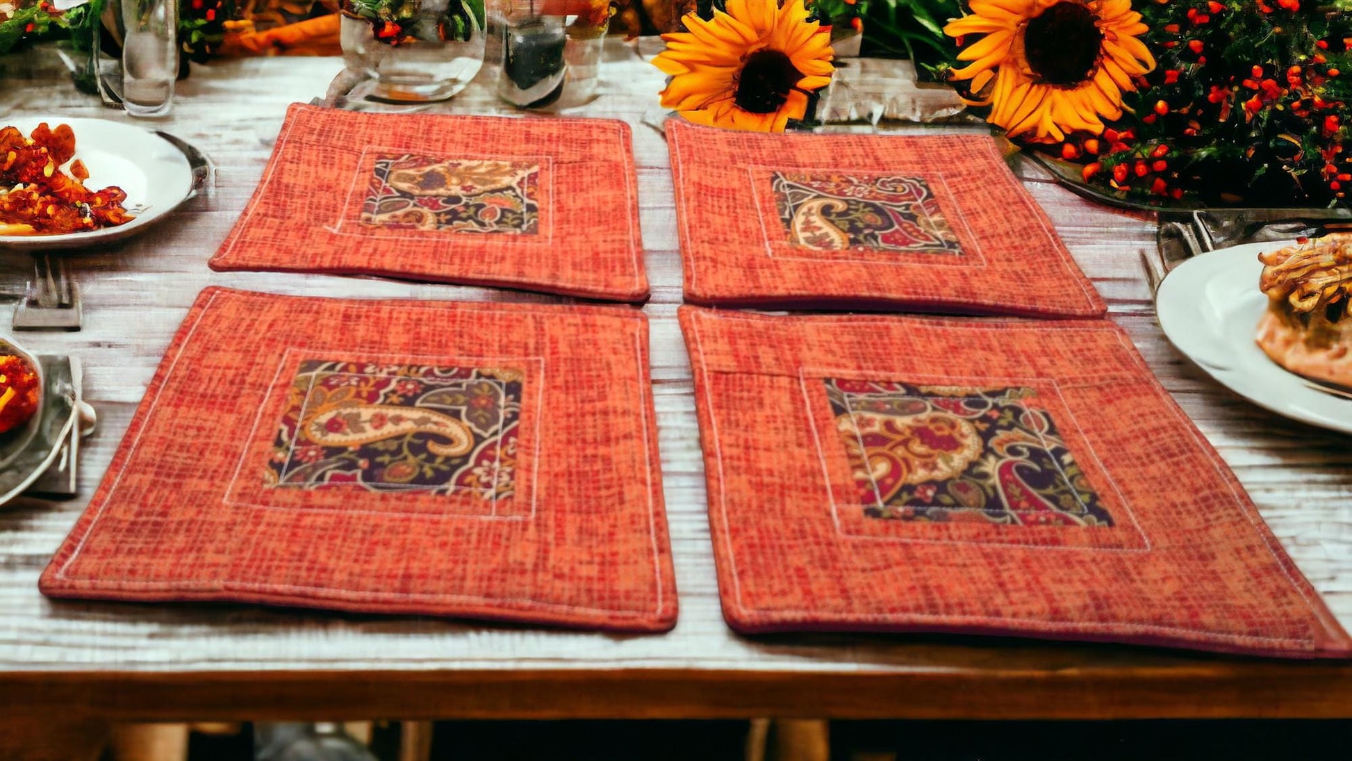 Set of 4 Elegant Autumn Paisley Coasters, 6.5" Square, Soft Flannel Backing