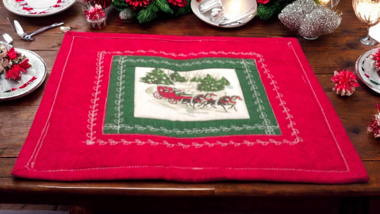 Quilted Christmas Mug Rugs – Horse and Coach Winter Scene – Holiday Coaster Mats