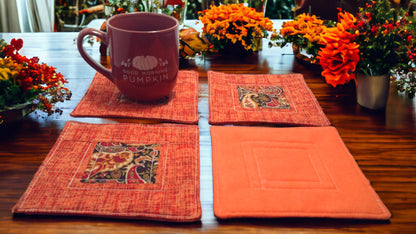 Set of 4 Elegant Autumn Paisley Coasters, 6.5" Square, Soft Flannel Backing