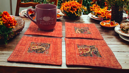 Set of 4 Elegant Autumn Paisley Coasters, 6.5" Square, Soft Flannel Backing