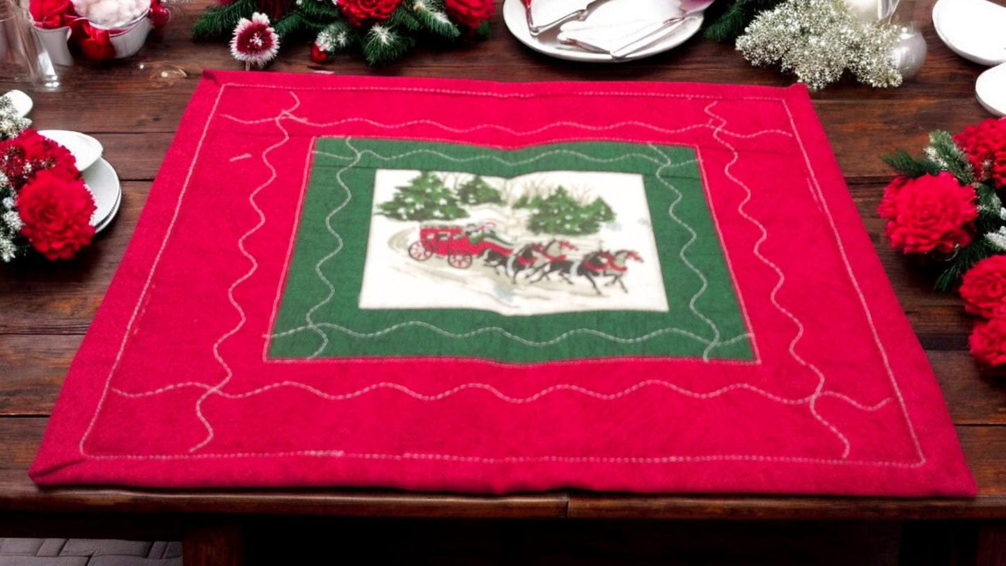 Quilted Christmas Mug Rugs – Horse and Coach Winter Scene – Holiday Coaster Mats