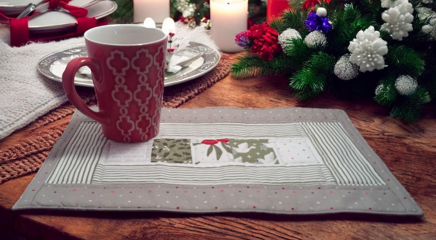 Contemporary Quilted Gray Green and White Christmas Quilted Placemat – 15x10 Table Topper, Handmade Holiday Decor