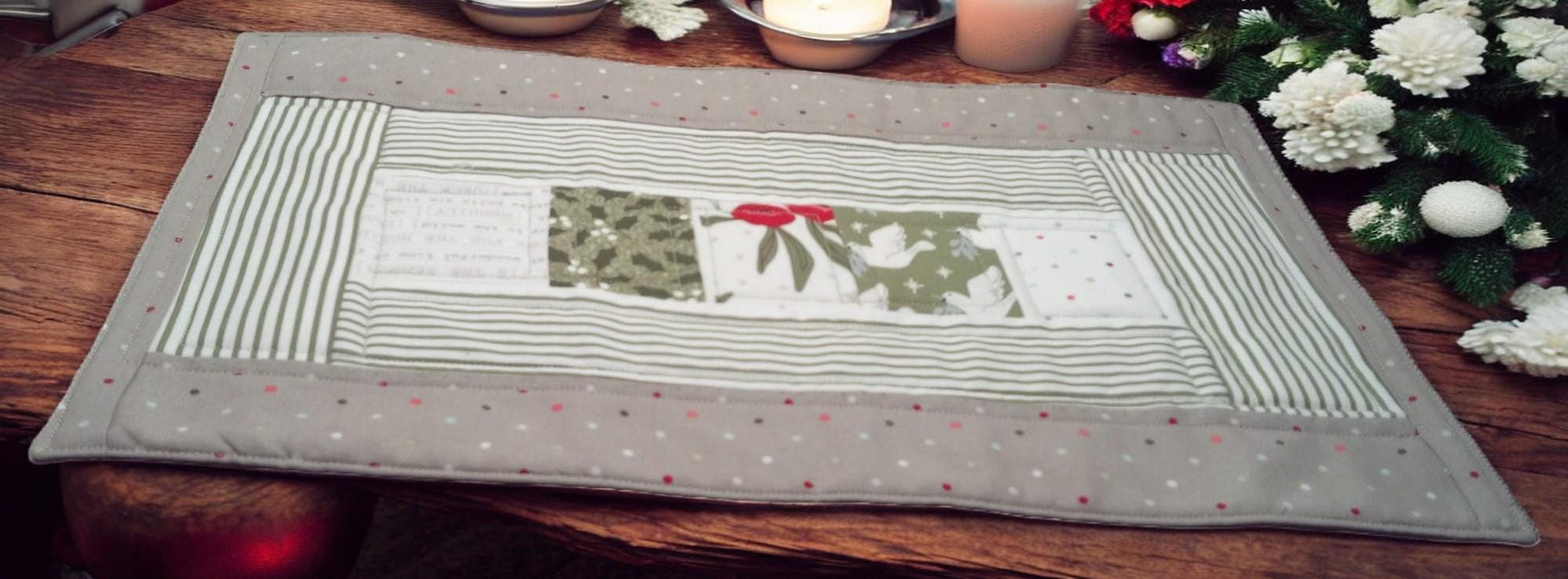 Contemporary Quilted Gray Green and White Christmas Quilted Placemat – 15x10 Table Topper, Handmade Holiday Decor