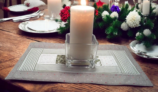 Contemporary Quilted Gray Green and White Christmas Quilted Placemat – 15x10 Table Topper, Handmade Holiday Decor