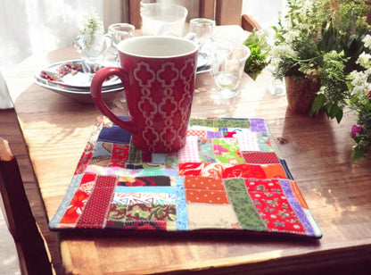 Handmade Scrappy Crazy Quilted Mug Rug | 10 x 10 Inch Placemat Gift Idea Coffee Lover Tea Lover Country Decor Farmhouse Cottagecore