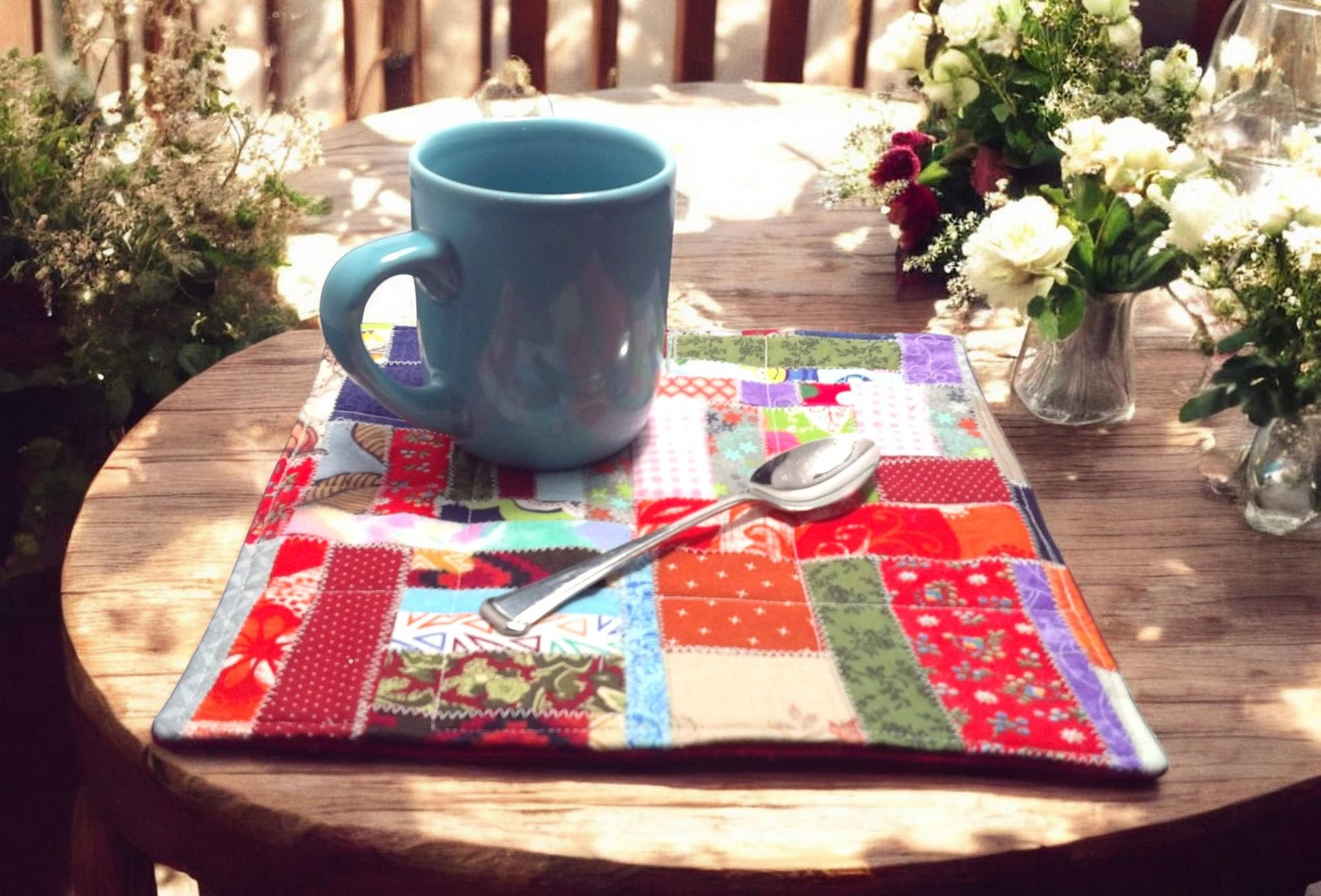 Handmade Scrappy Crazy Quilted Mug Rug | 10 x 10 Inch Placemat Gift Idea Coffee Lover Tea Lover Country Decor Farmhouse Cottagecore